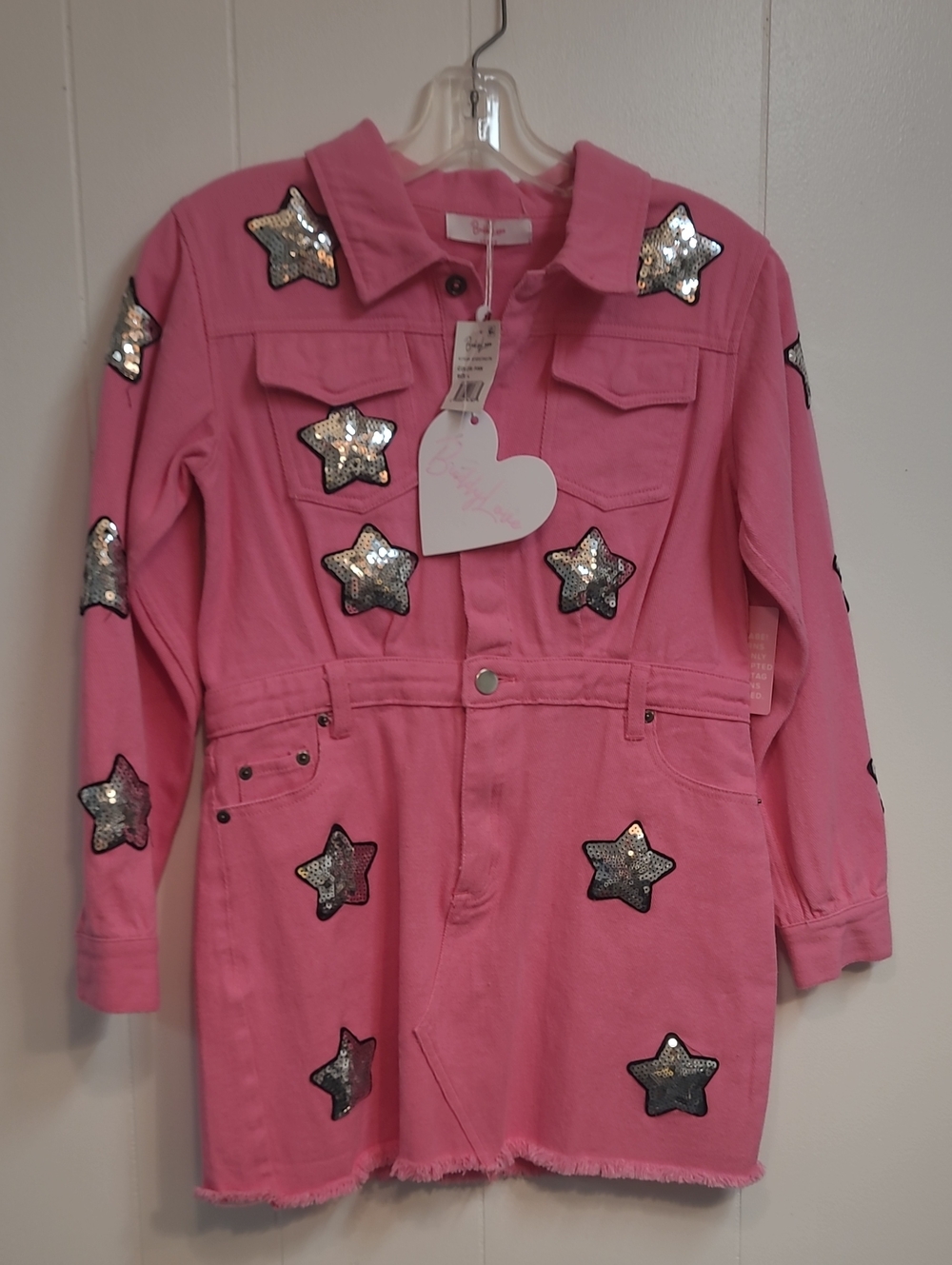 Buddy Love Bubblegum Pink/ Sequin Star Appliqué Denim Dress Sz L